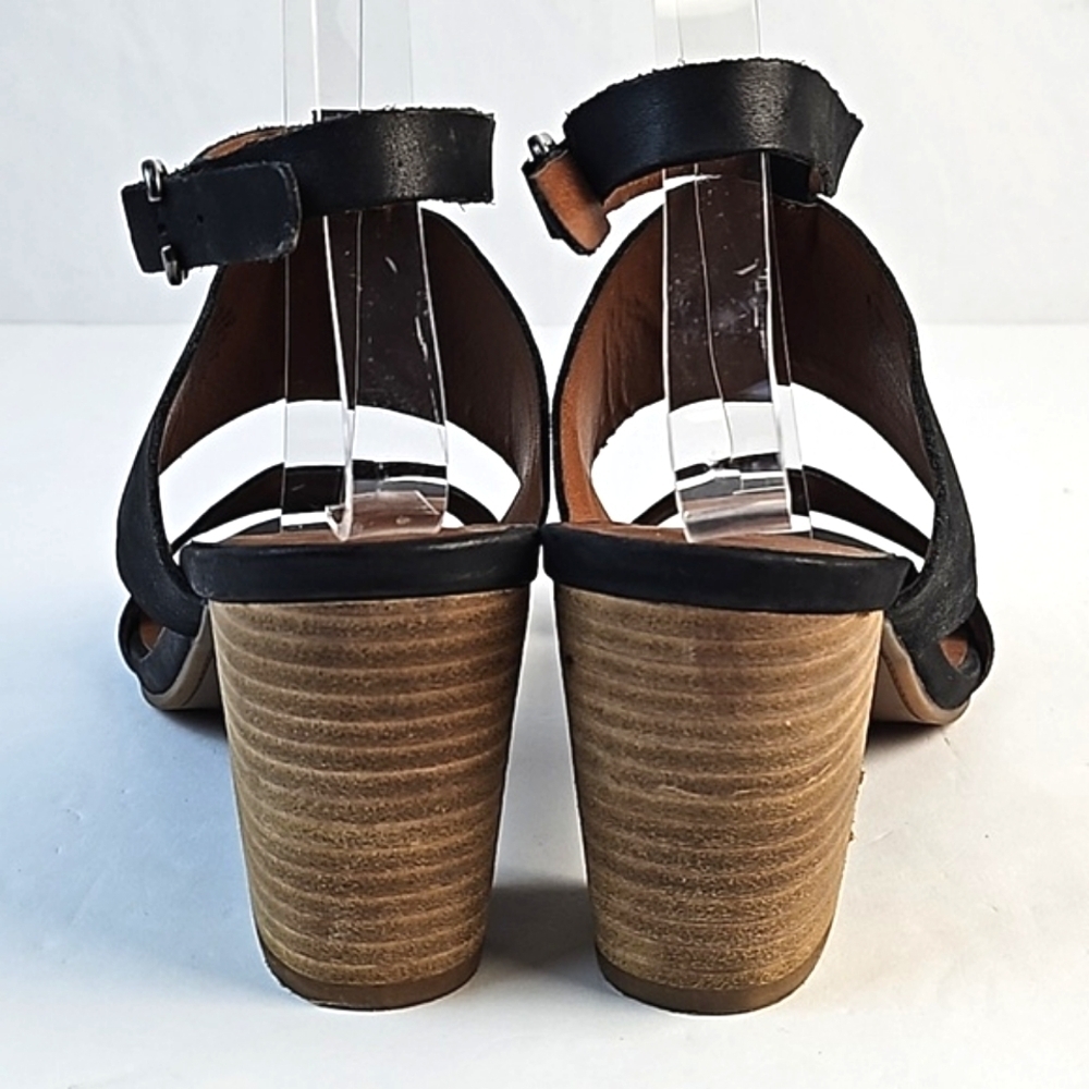 Lucky Brand Jodalee Black Leather Ankle Strap Wooden Stacked Block Heel Sandal - Picture 7 of 16